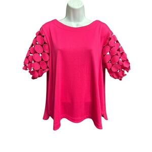Ali Miles PXL Top Bold Deep Pink Pullover Fancy Circle Cutwork Sleeves Petite XL